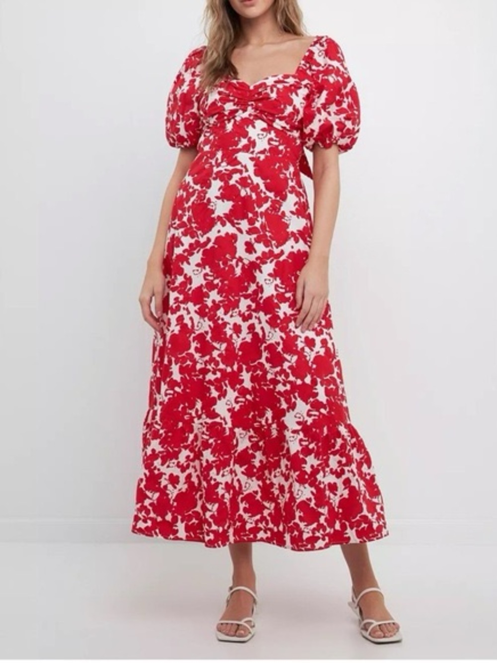 Free the Roses Red Floral Puff-Sleeve Maxi Dress Size Small
